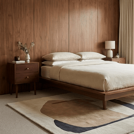 Stylish Fishe and Lilly bedside table beside a modern bed with soft bedding and warm wooden accents