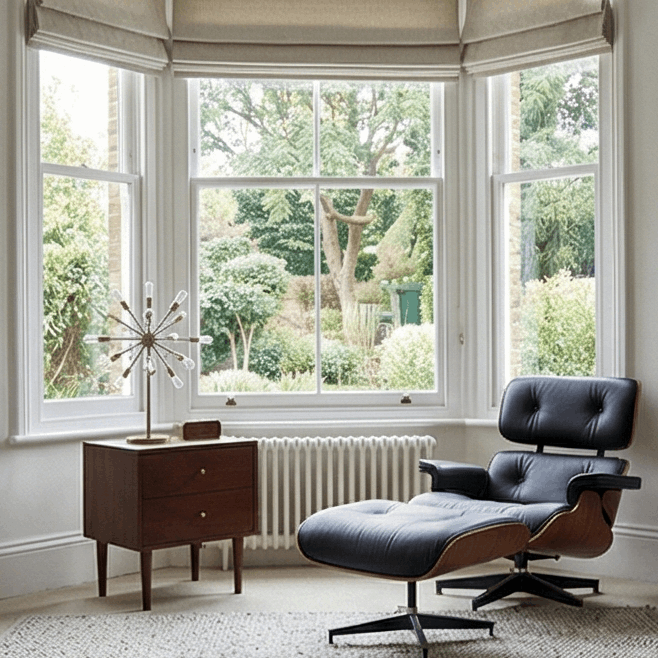 Fishe and Lilly bedside table with storage, positioned by a modern armchair and window in a stylish interior