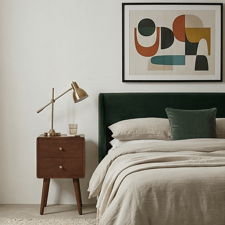 Fishe and Lilly Bedside Table in wood with a modern lamp beside a cozy bed and artwork backdrop