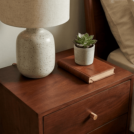 Fishe and Lilly wooden bedside table with lamp, plant and a book on top for stylish bedroom decor