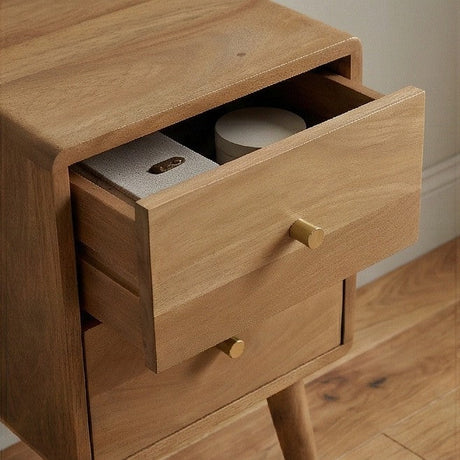 Fishe and Lilly wooden bedside table featuring two storage drawers with stylish gold handles