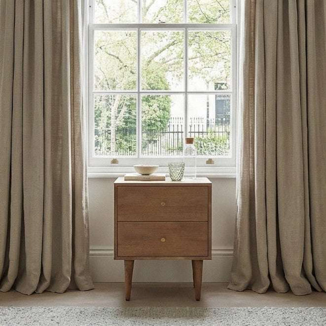 Fishe and Lilly Bedside Table in Natural Wood Beside a Window with Decorative Items