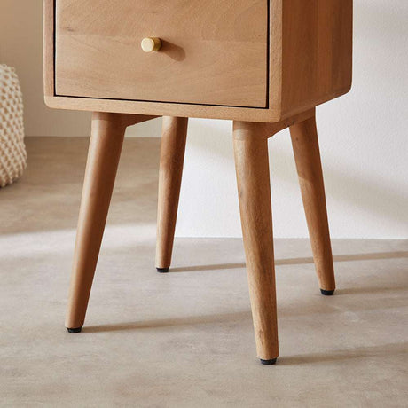 Fishe and Lilly bedside table in natural wood with a drawer and tapered legs for stylish bedroom storage