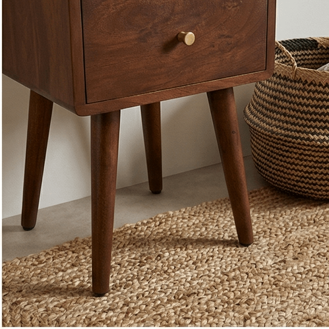Fishe and Lilly Bedside Table with a walnut finish and a single drawer for bedroom storage