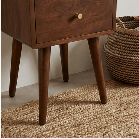 Fishe and Lilly Bedside Table with a walnut finish and a single drawer for bedroom storage