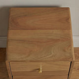 Top view of a Fishe and Lilly bedside table featuring natural wood finish and a sleek gold drawer pull