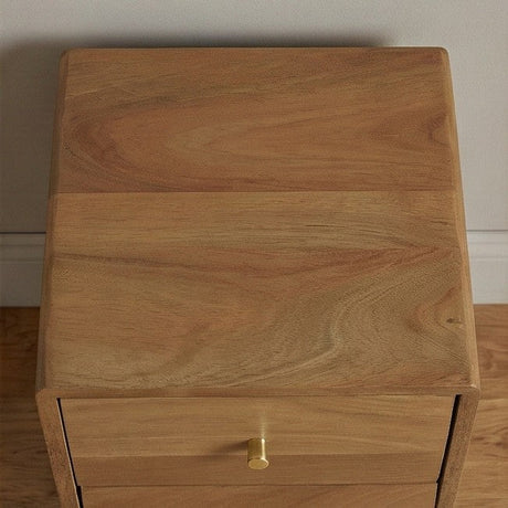 Top view of a Fishe and Lilly bedside table featuring natural wood finish and a sleek gold drawer pull