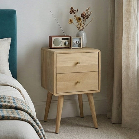 Fishe and Lilly wooden bedside table with two drawers and a vintage radio on top