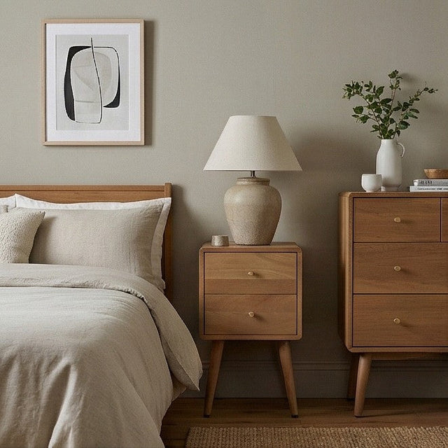 Fishe and Lilly wooden bedside table next to a bed, featuring a stylish lamp and decorative items