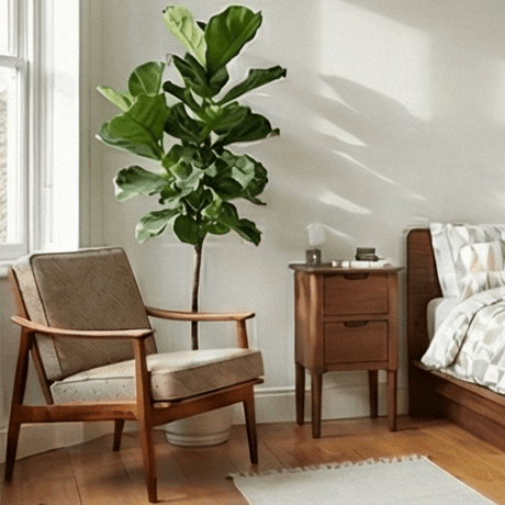 Stylish Fishe and Lilly bedside table in a modern bedroom setting with a plant and armchair