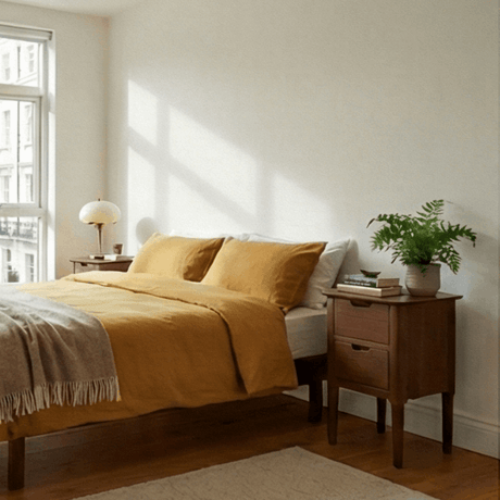 Fishe and Lilly Bedside Table in elegant wooden finish beside a cosy bed in a modern bedroom