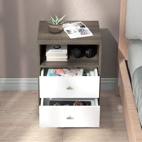 HOMCOM Bedside Tables Set of 2, Modern Nightstand with 2 Drawers and Open Cubby PawHut