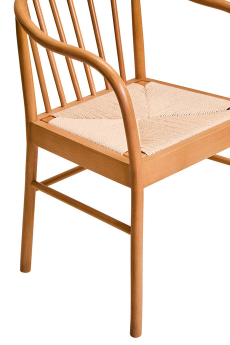 Orsina Beech Wood Chair with a woven seat and elegant, curved armrest design