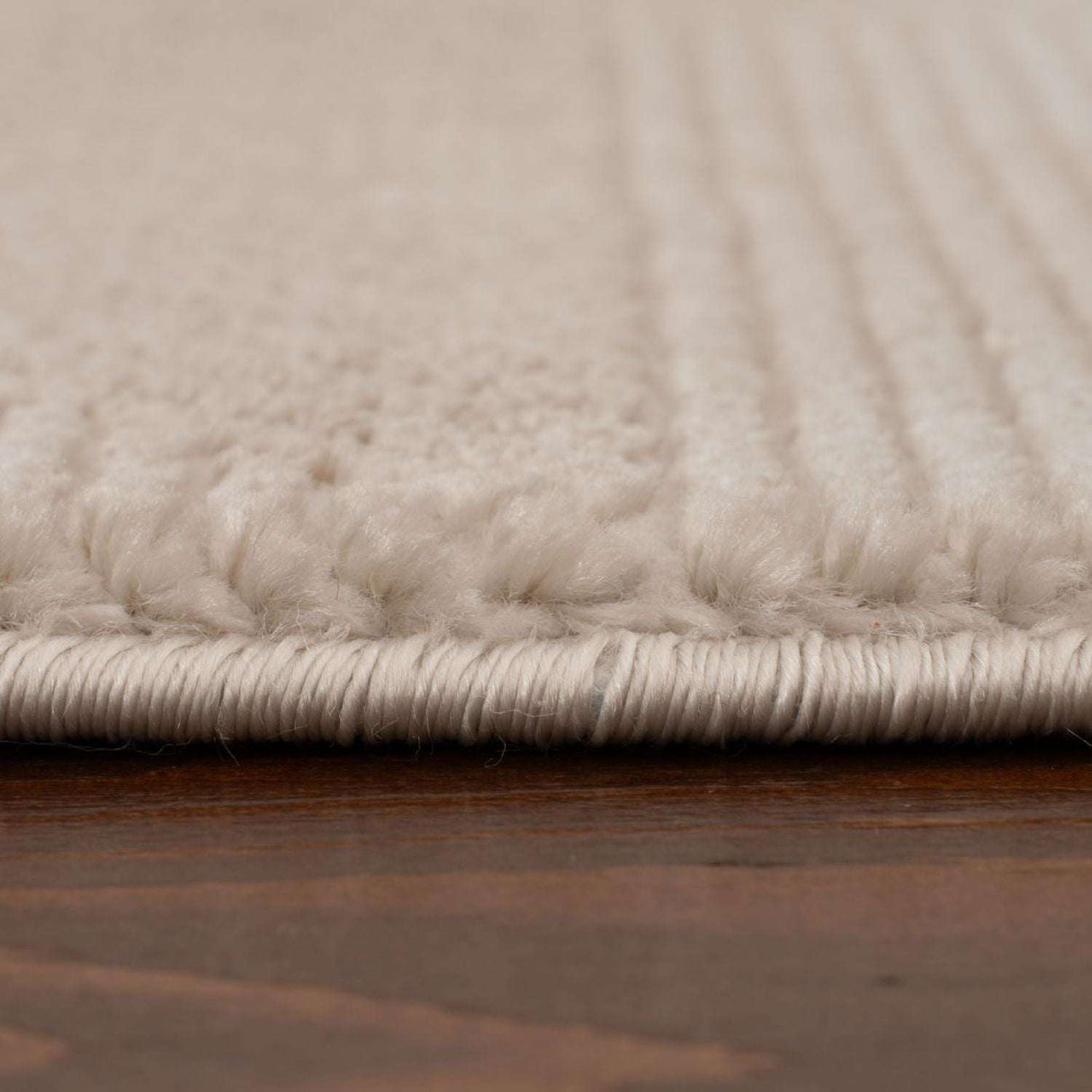 Close-up of a textured beige rug with a thick border and soft fibres, perfect for any room