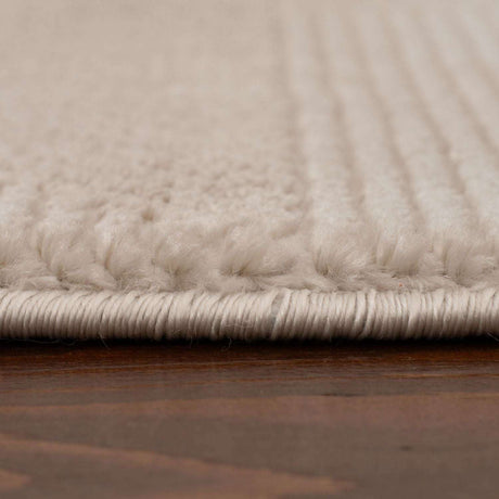 Close-up of a textured beige rug with a thick border and soft fibres, perfect for any room