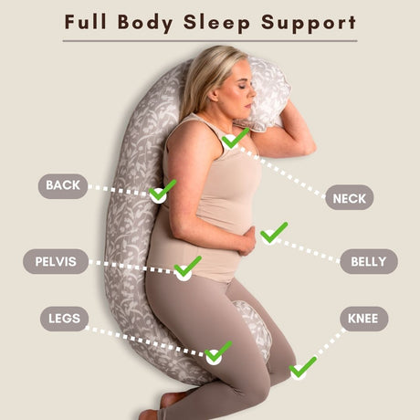 BellaMoon Body Pillow providing full body sleep support for back, neck, pelvis, belly, and knee.