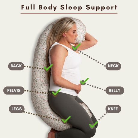 BellaMoon Body Pillow providing full body sleep support for back, neck, belly, pelvis, and legs