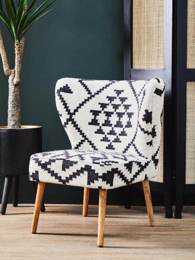 Orsina Berber Style Chair with geometric pattern and wooden legs for accent decor