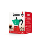 Bialetti Moka Express in green and red packaging, a stylish coffee maker for brewing rich coffee