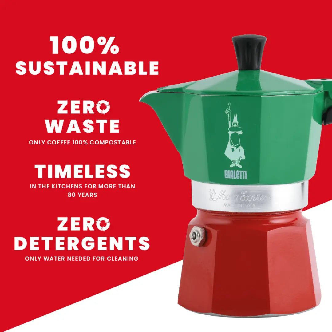 Bialetti Coffee Maker in green and red, highlighting its sustainable and timeless features