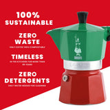 Bialetti Coffee Maker in green and red, highlighting its sustainable and timeless features