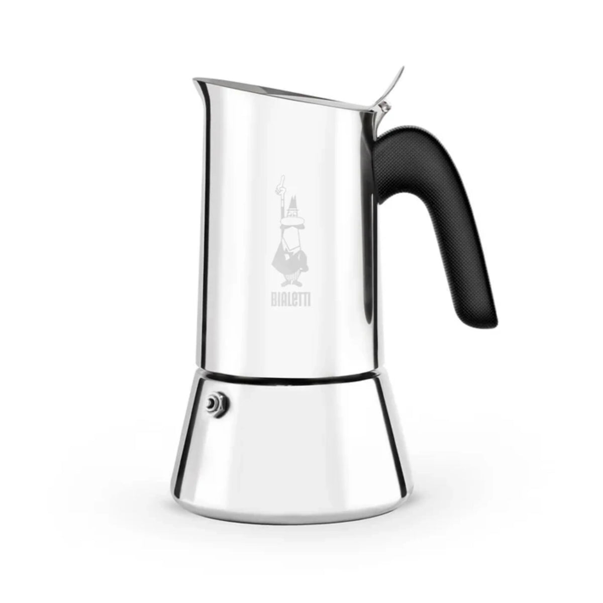 Bialetti Coffee Maker with a sleek stainless steel design and ergonomic handle for brewing espresso
