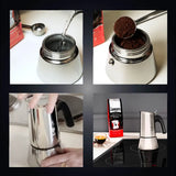 Bialetti coffee maker being prepared with water and coffee grounds for brewing espresso