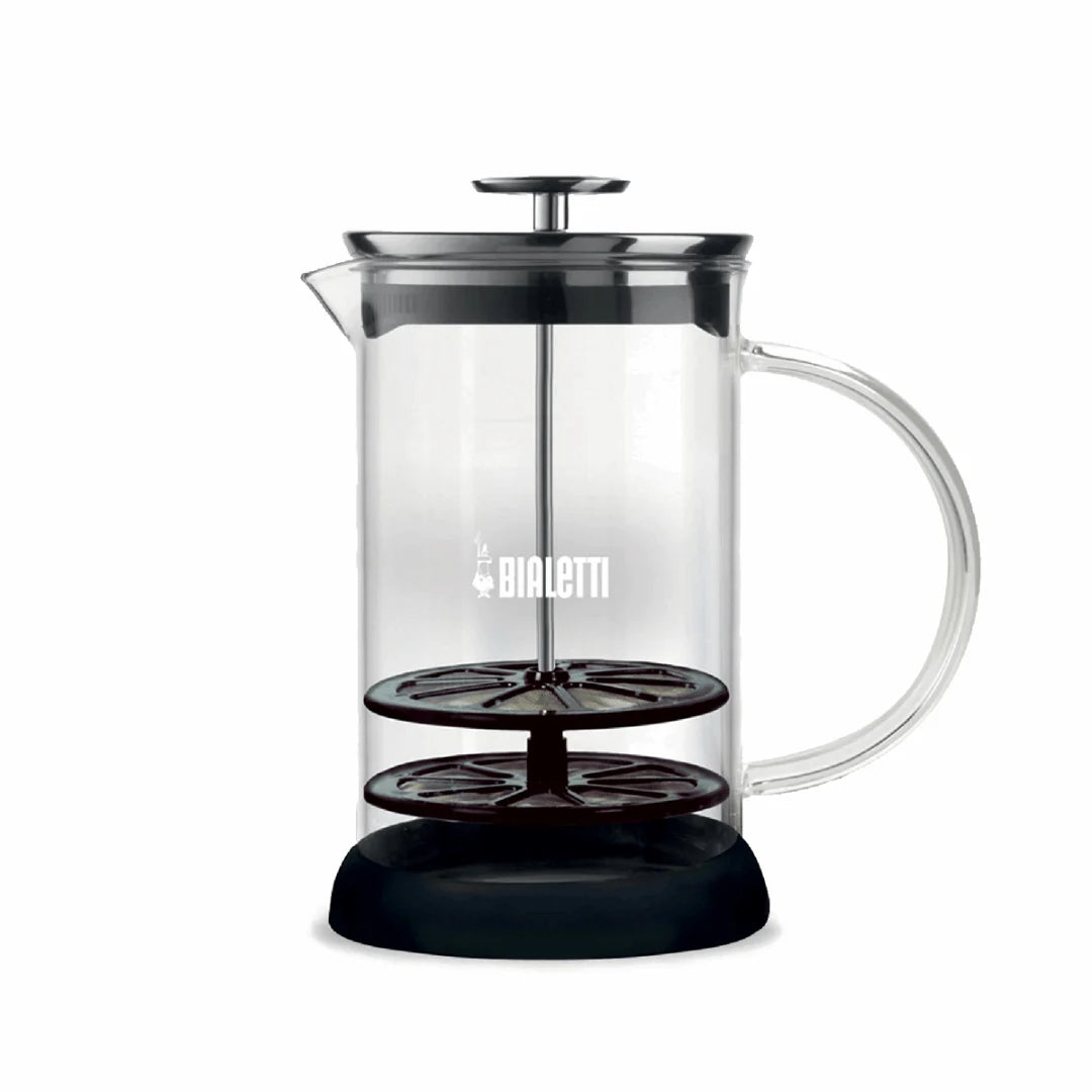 Bialetti Milk Frother with a sleek glass design for creating frothy coffee and beverages
