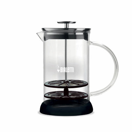 Bialetti Milk Frother with a sleek glass design for creating frothy coffee and beverages