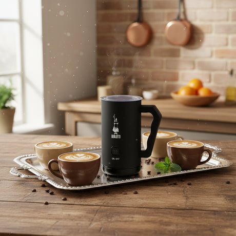 Bialetti Milk Frother in black on a tray with cups of coffee and latte art in a stylish kitchen setting
