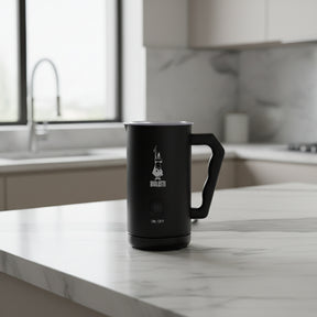 Bialetti Milk Frother in sleek black design, perfect for creating creamy froth at home