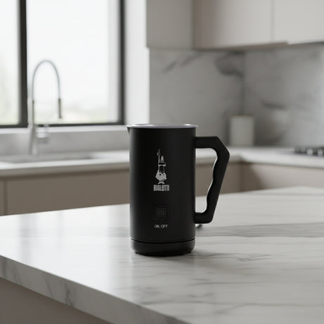 Bialetti Milk Frother in sleek black design, perfect for creating creamy froth at home