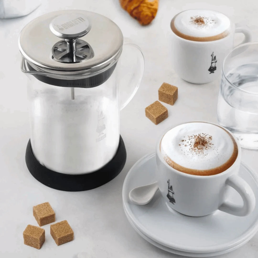 Bialetti Milk Frother with Glass Pitcher and Stainless Steel Lid for Creamy Coffee Beverages