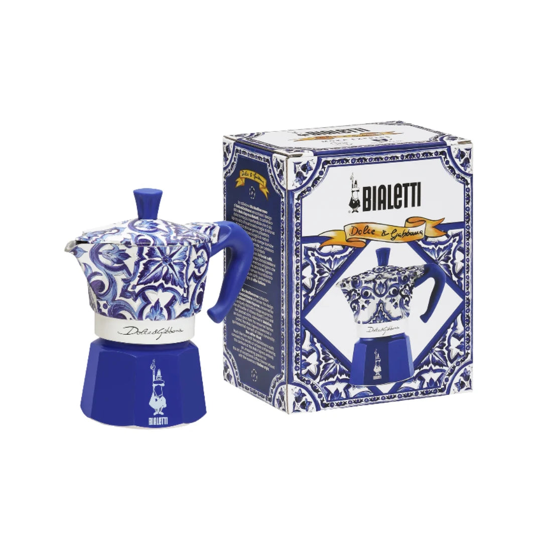 Bialetti Moka Express in blue ceramic design with decorative box for stylish coffee brewing