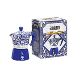 Bialetti Moka Express in blue ceramic design with decorative box for stylish coffee brewing