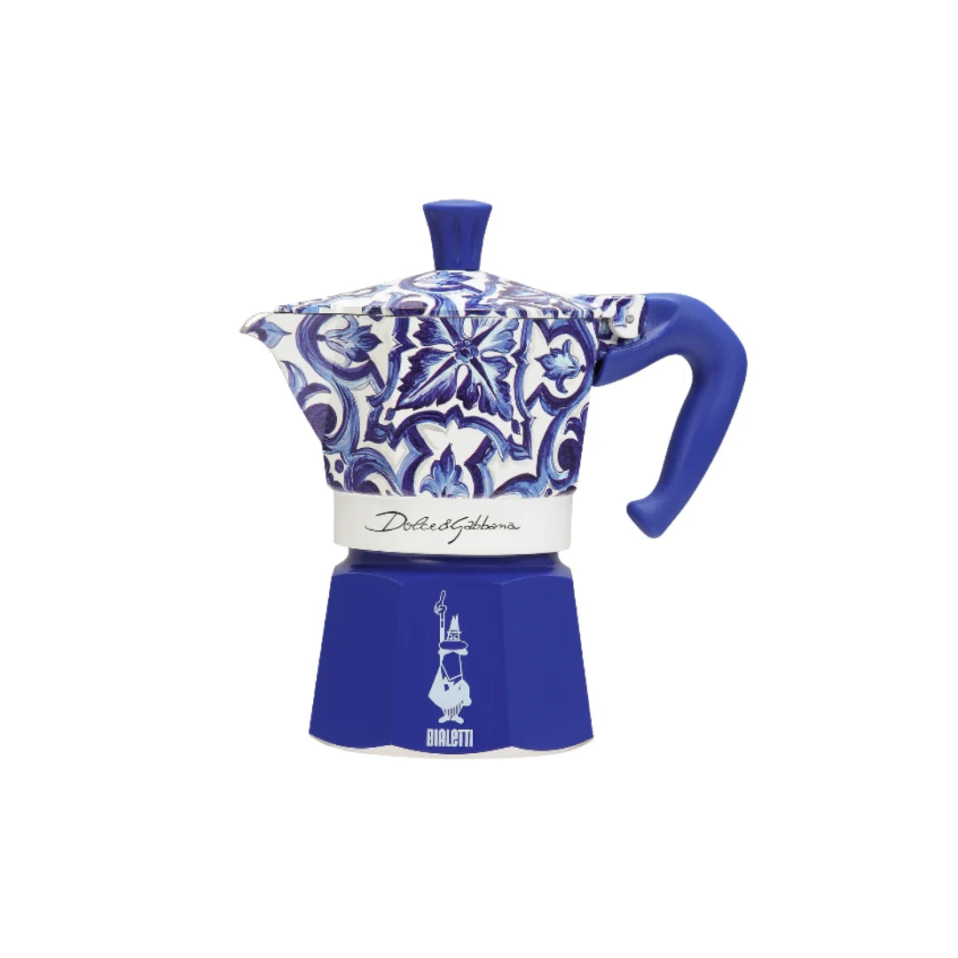 Bialetti Moka Express in blue ceramic design for brewing authentic Italian coffee