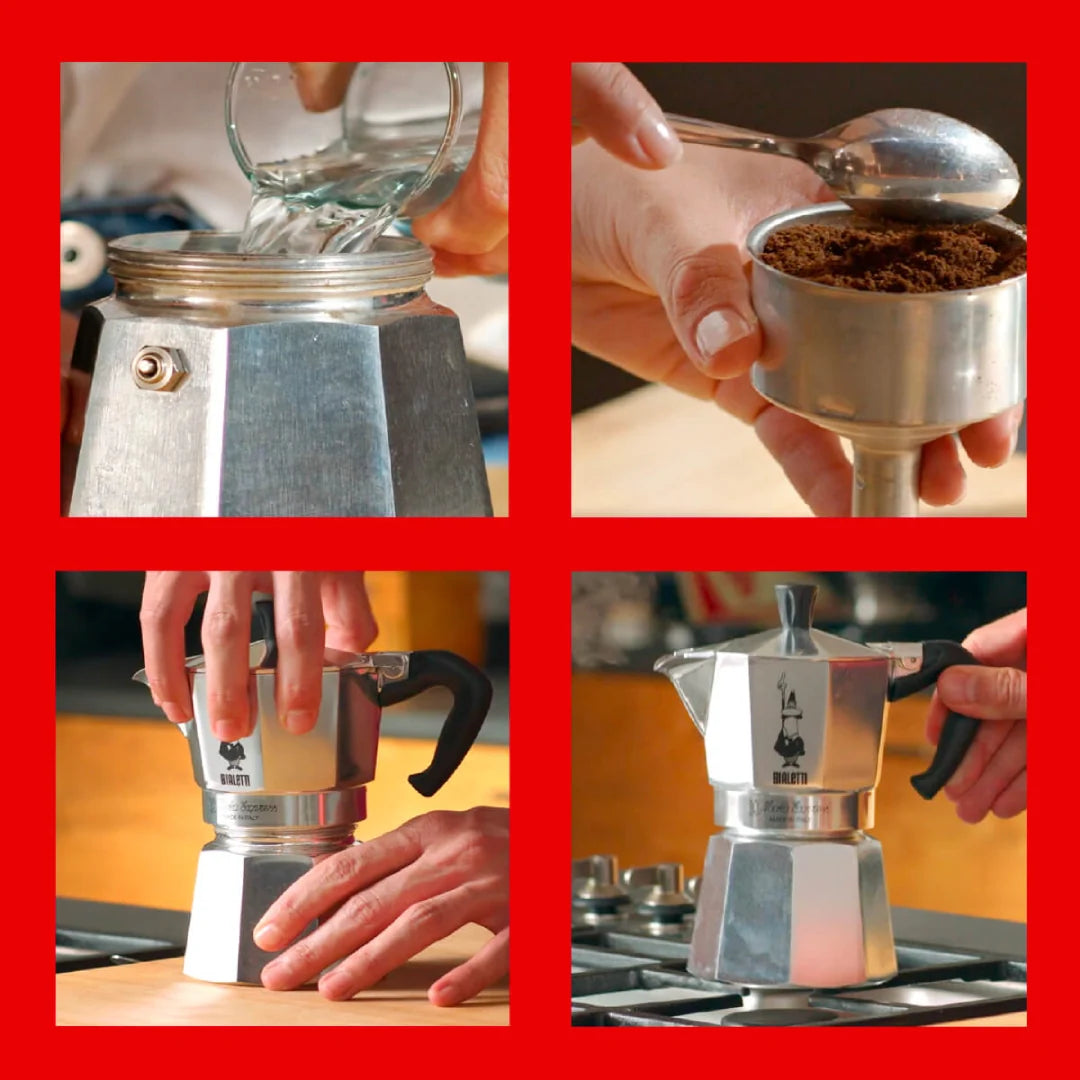 Bialetti Moka Express preparation steps with water, coffee grounds, and stovetop brewing