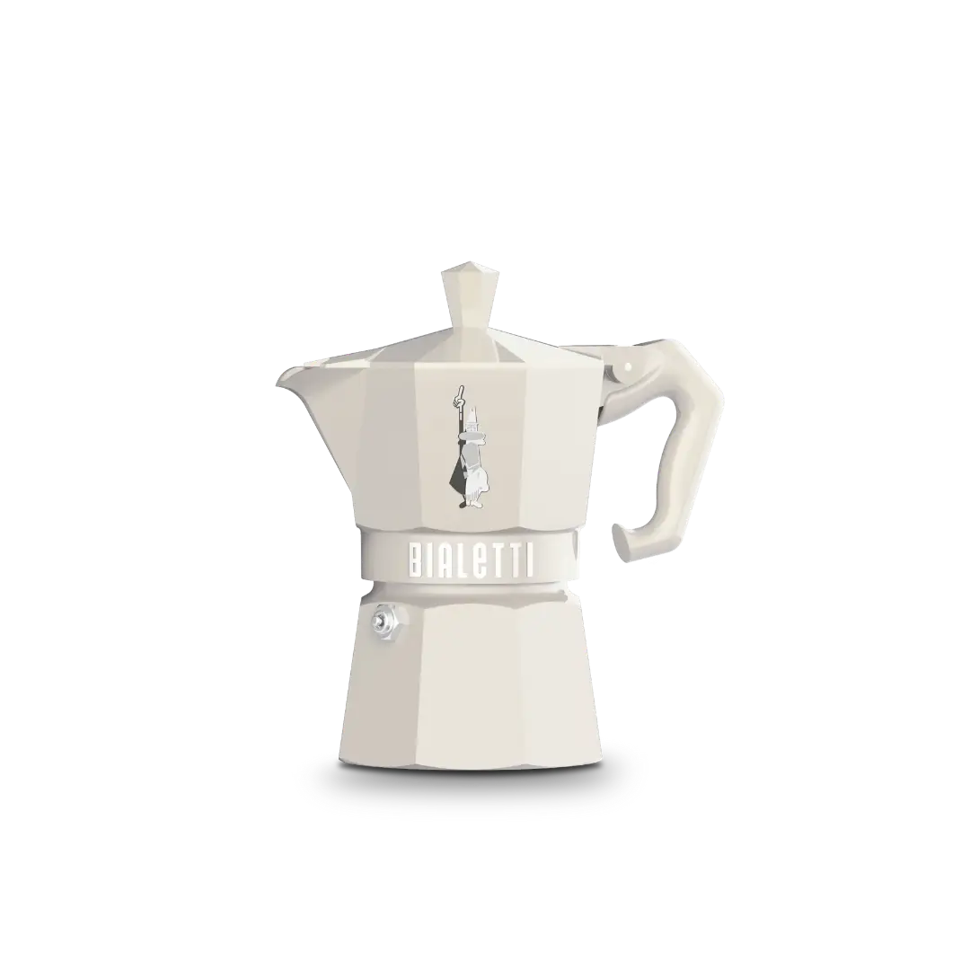 Bialetti Moka Express in white with ergonomic handle for authentic coffee brewing