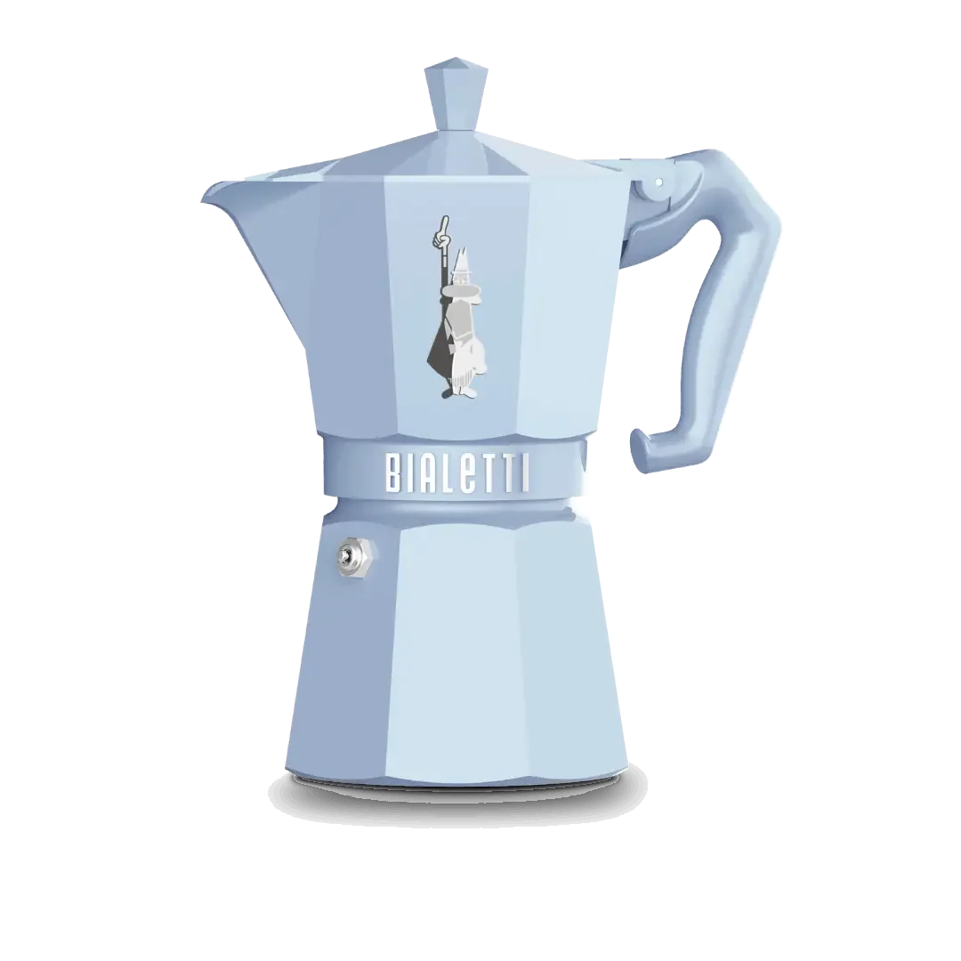 Light blue Bialetti Moka Express coffee maker with a classic octagonal design and easy-grip handle