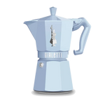 Light blue Bialetti Moka Express coffee maker with a classic octagonal design and easy-grip handle