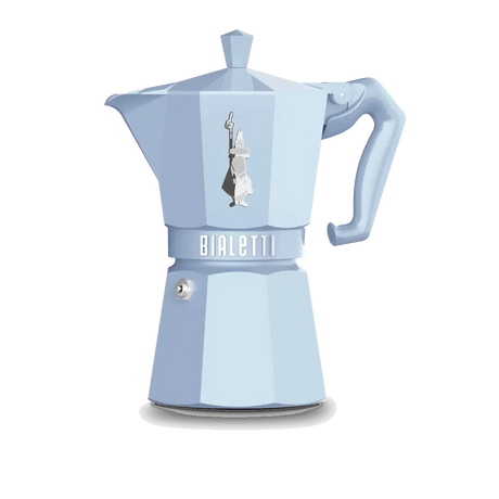 Light blue Bialetti Moka Express coffee maker with a classic octagonal design and easy-grip handle