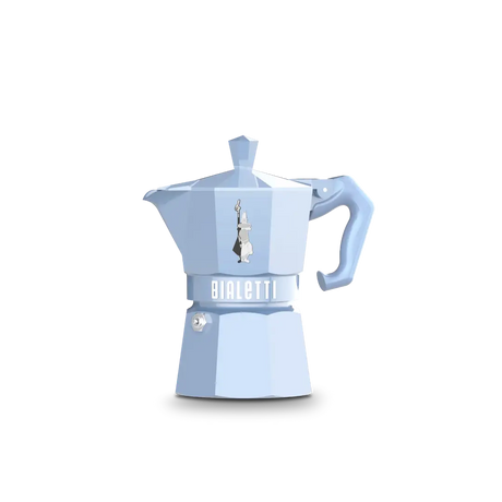 Bialetti Moka Express in light blue, designed for brewing rich Italian coffee at home