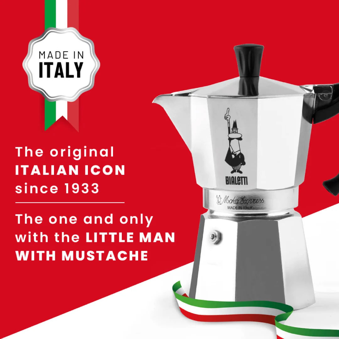 Bialetti Moka Express stovetop coffee maker, the original Italian icon since 1933, featuring the little man with a mustache