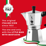 Bialetti Moka Express stovetop coffee maker, the original Italian icon since 1933, featuring the little man with a mustache