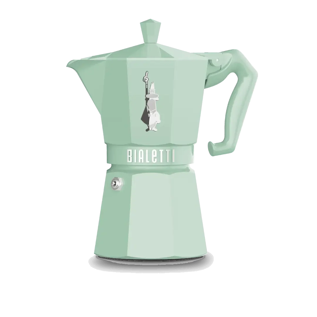 Light green Bialetti Moka Express Coffee Maker for brewing authentic Italian coffee