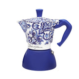 Bialetti Moka Induction Coffee Maker with a vibrant blue and patterned design for stylish brewing