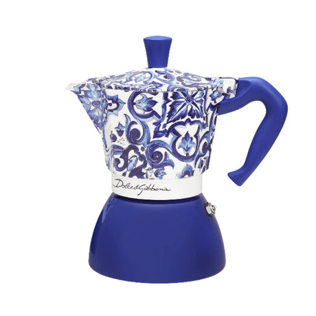 Bialetti Moka Induction Coffee Maker with a vibrant blue and patterned design for stylish brewing