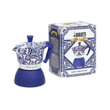 Bialetti Moka Induction Coffee Maker in Blue with Decorative Design and Box for Stylish Brewing