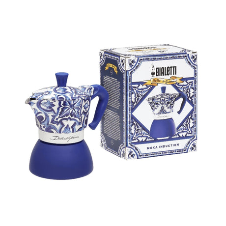 Bialetti Moka Induction Coffee Maker in Blue with Decorative Design and Box for Stylish Brewing