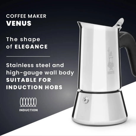Bialetti Venus Coffee Maker in stainless steel, stylish design suitable for induction hobs
